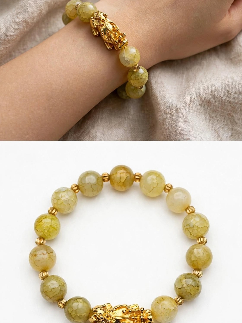 Gold Accented Yellow Agate Bead Bracelet